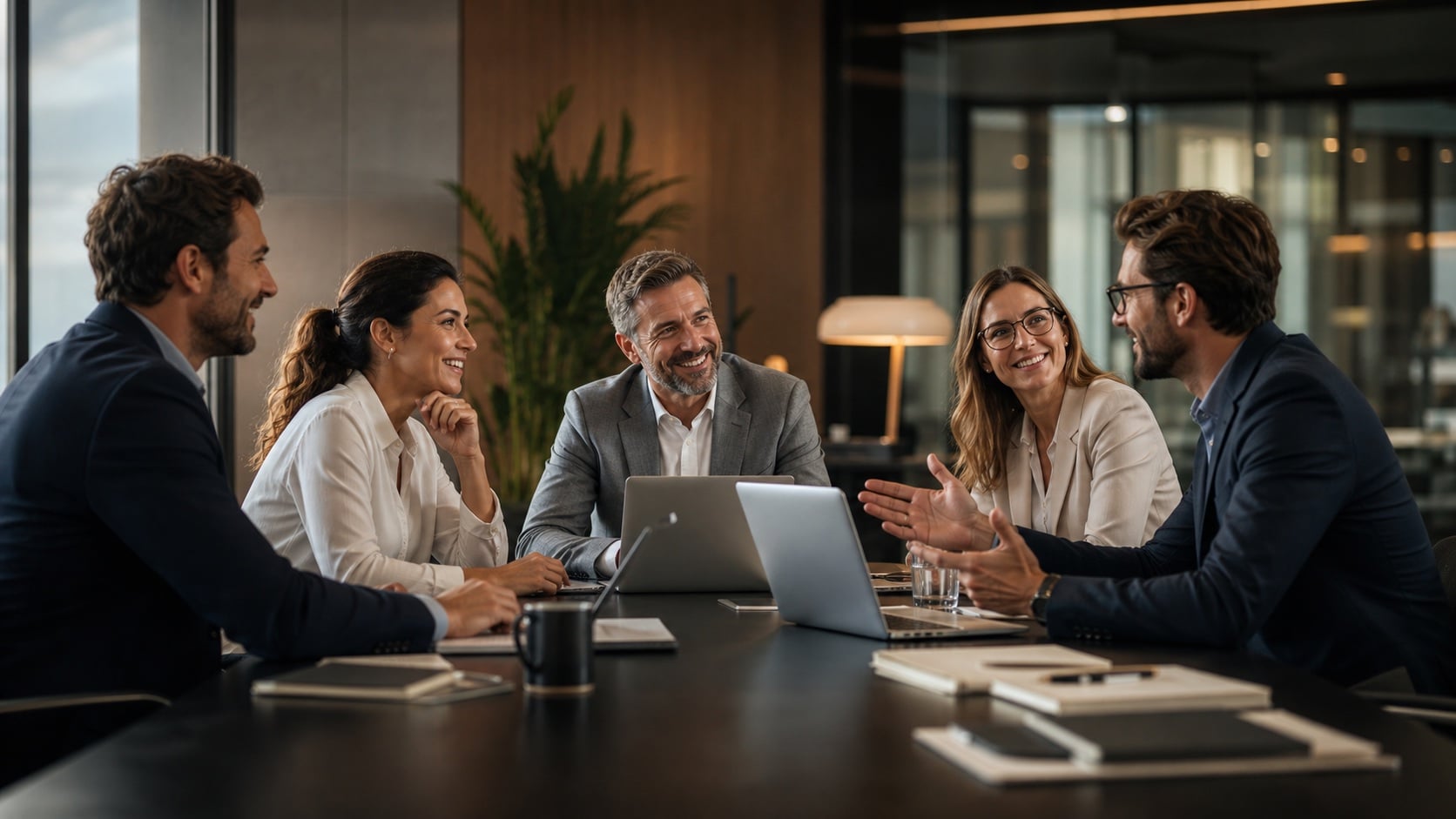 Senior professionals in a focused strategic meeting around a table